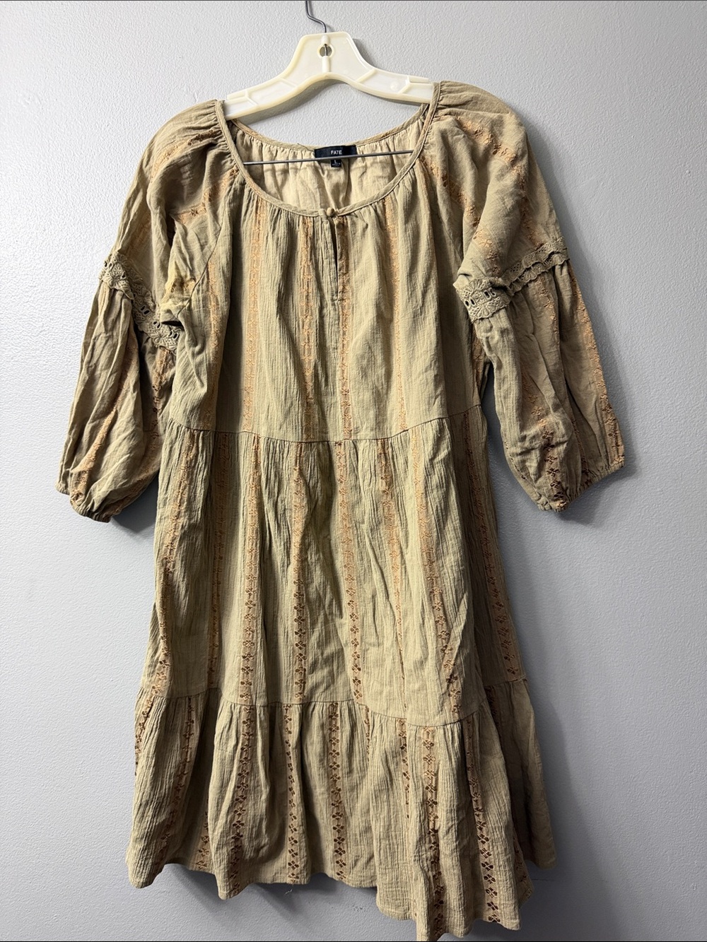 Fate sage green Beige Tiered Boho Mini Dress large